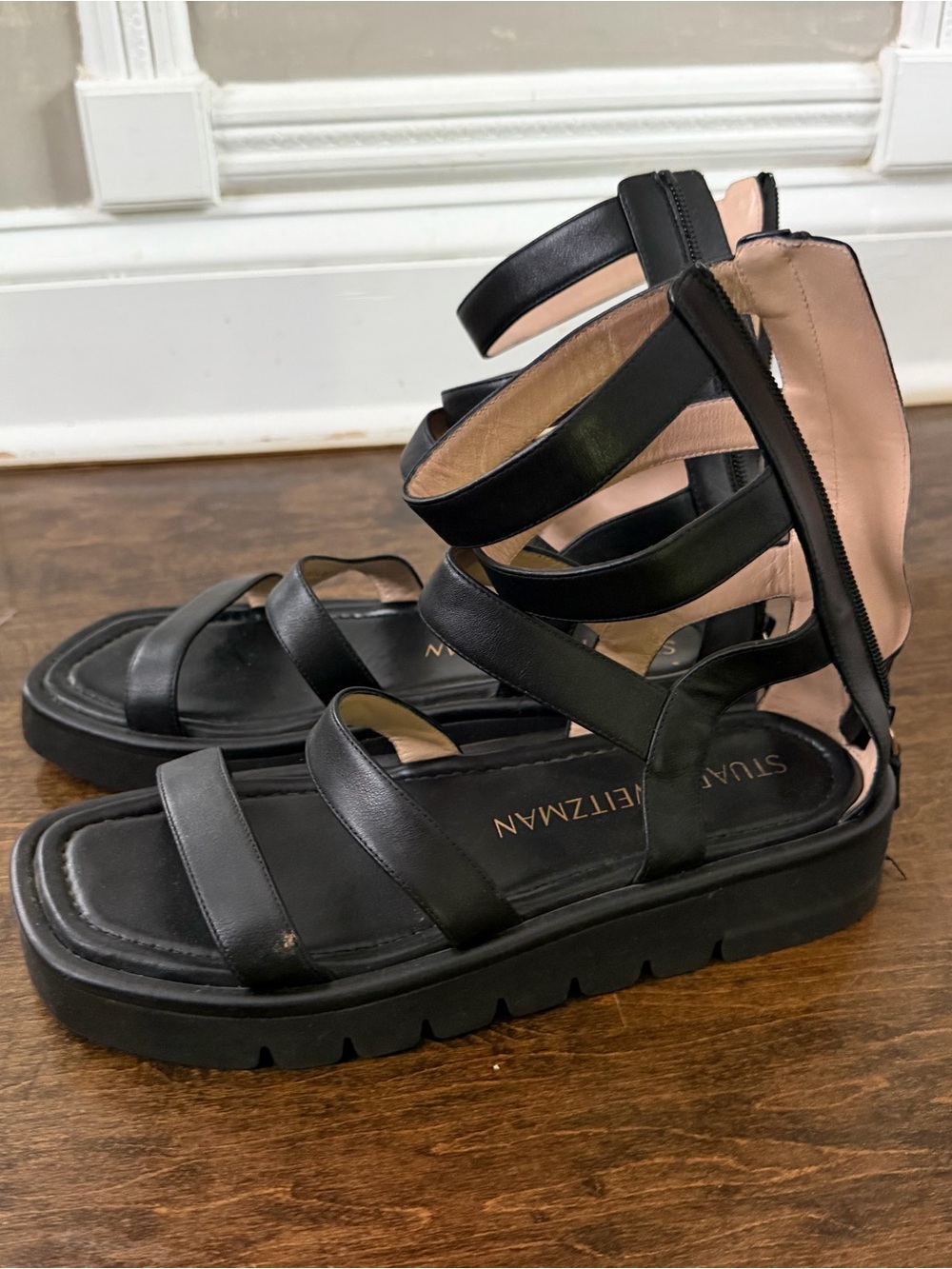 Stuart Weitzman Black Multi-Strap Zip Gladiator Sandals